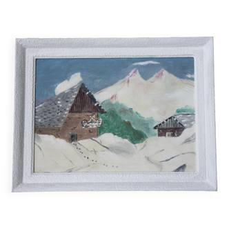 Tableau naïf, paysage de montagne sous la neige.