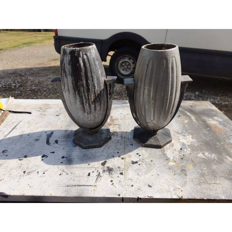 Pair of enamelled cast iron vases in Art Deco style