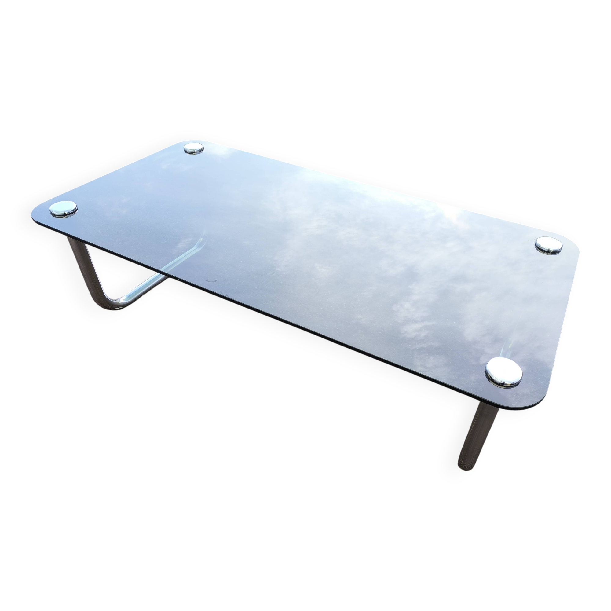 Table basse chromé et verre noir fumé space age italienne