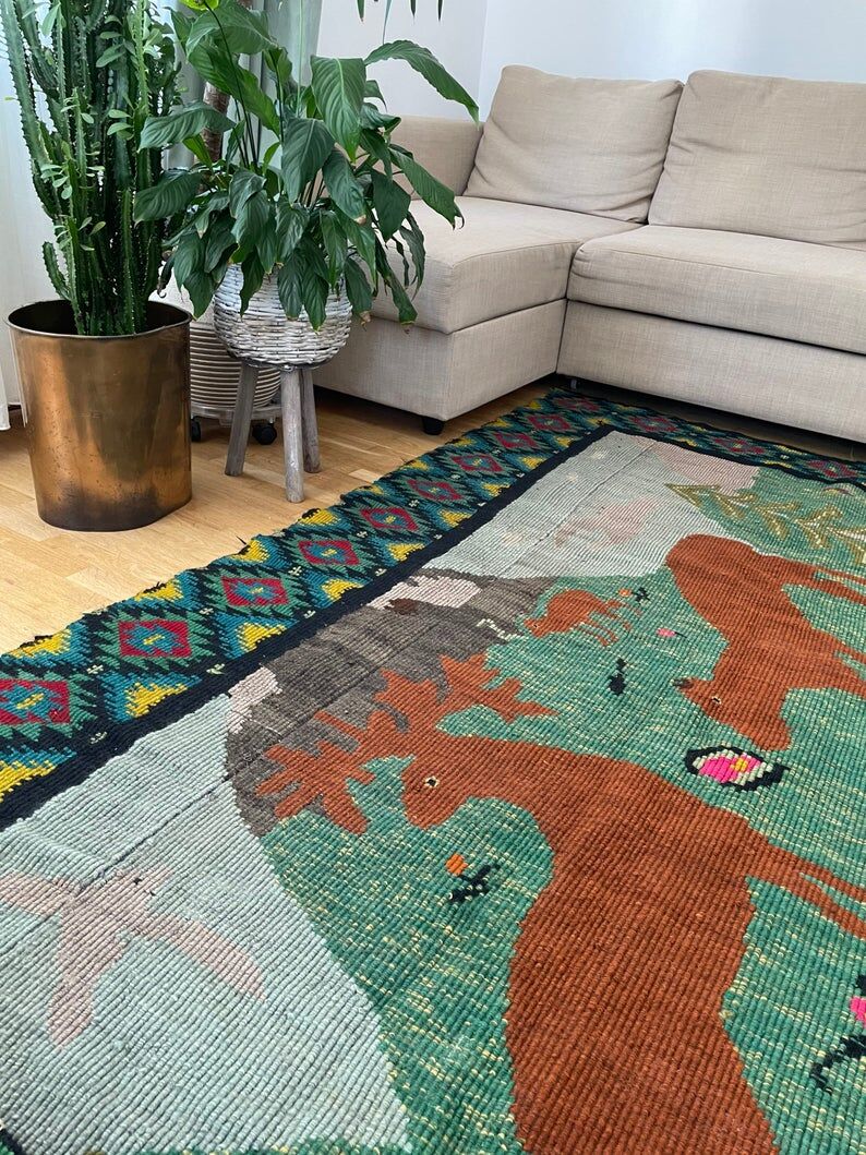 Romanian vintage rug with deers, nature scenery