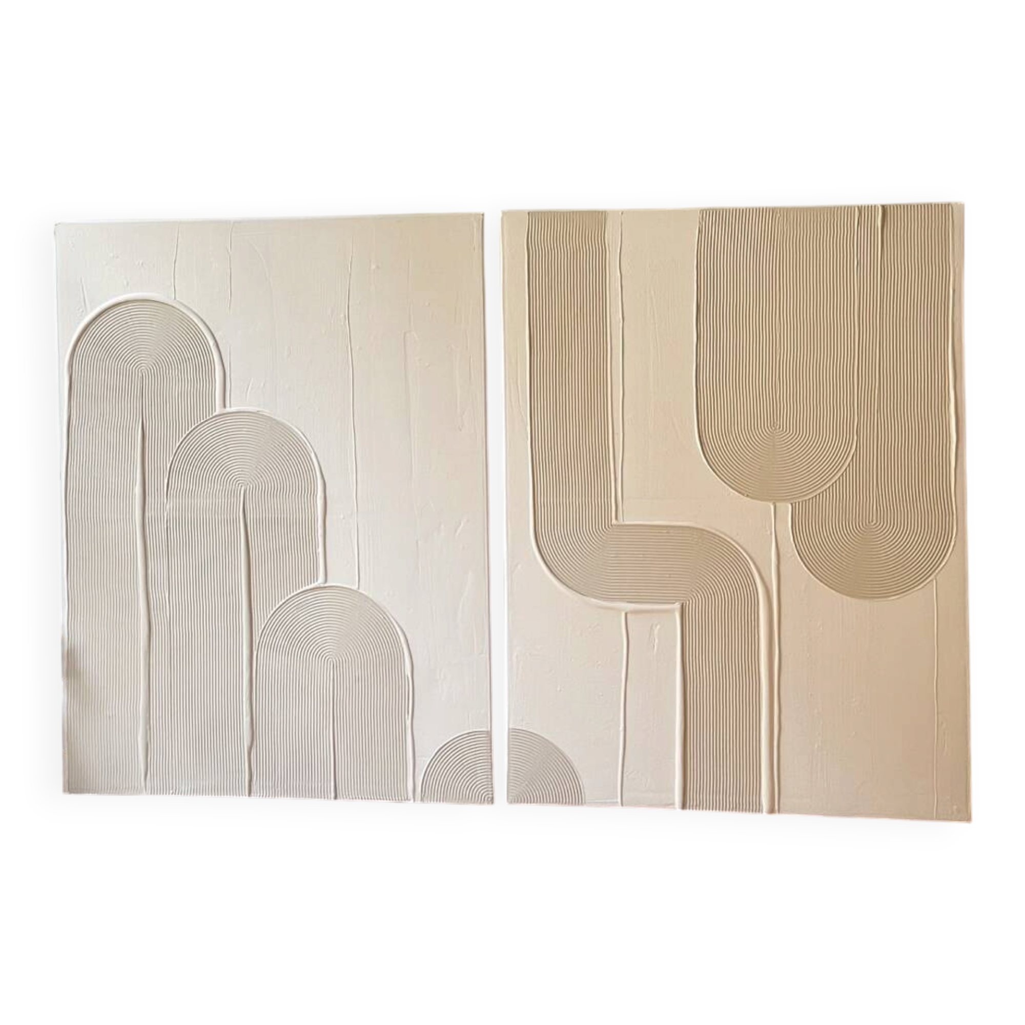 Beige and white relief diptych panels