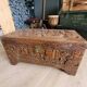 Carved chest in Asian camphor wood, chinoiserie boat decoration.