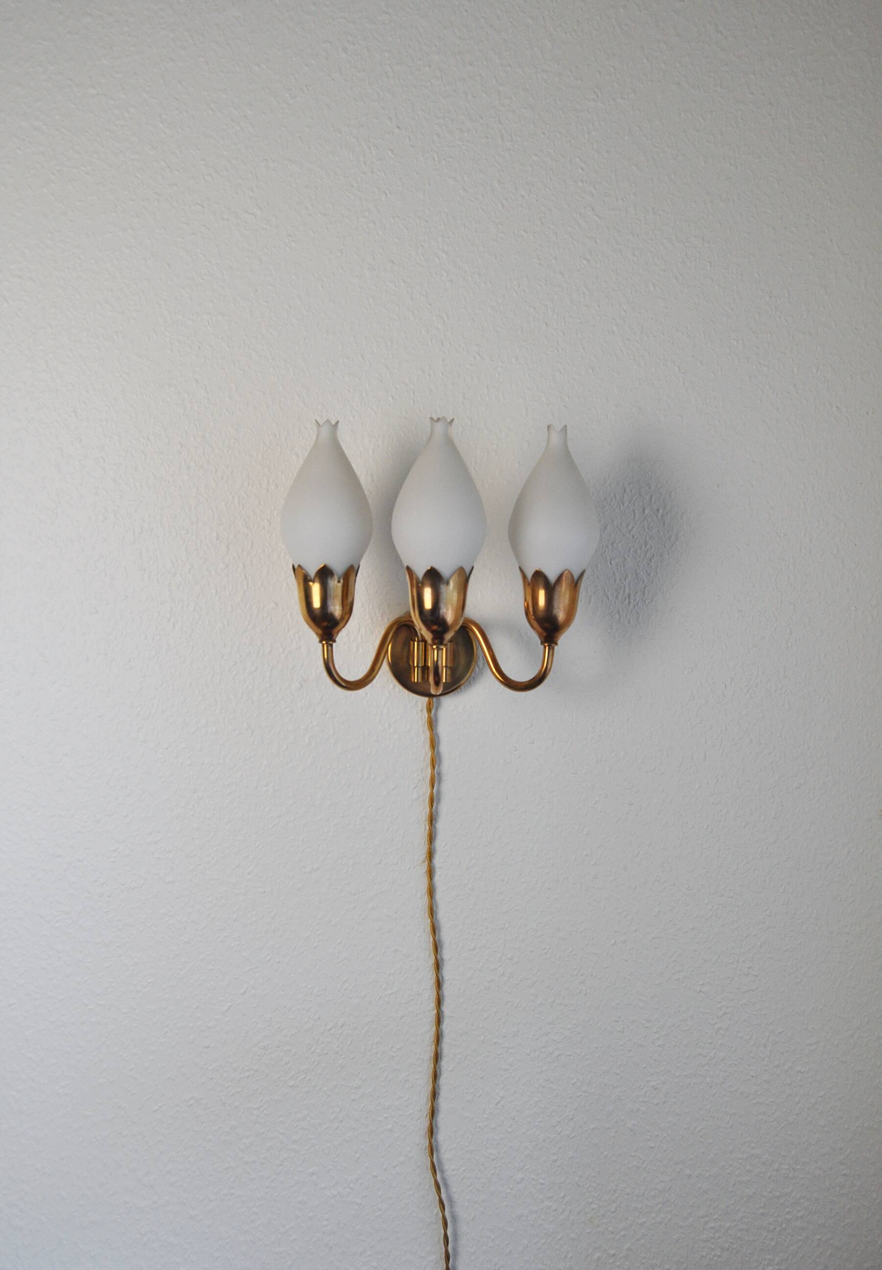 Fog & Mørup 3-Arm Brass and Opaline Glass Tulip Wall Lamp