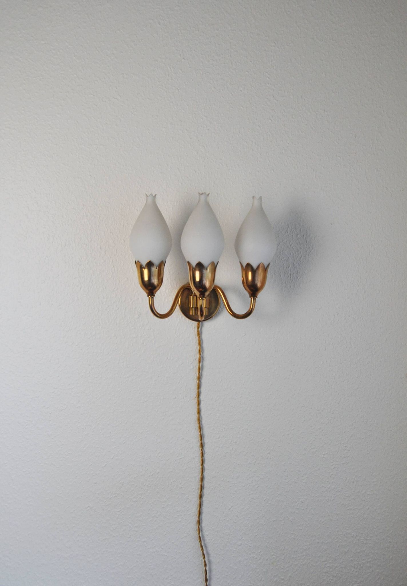 Fog & Mørup 3-Arm Brass and Opaline Glass Tulip Wall Lamp