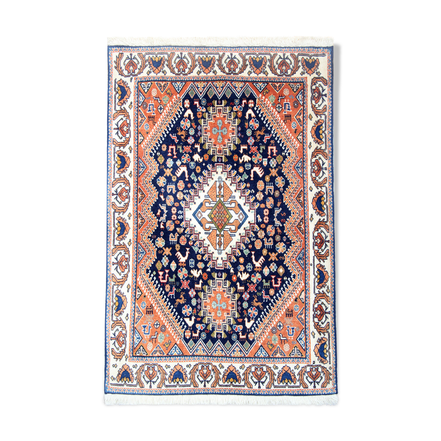Small Fine Wool Medallion Area Rug Traditional Orange Blue Tribal Carpet- 52x125cm