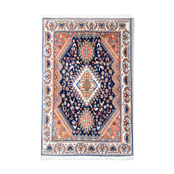 Small Fine Wool Medallion Area Rug Traditional Orange Blue Tribal Carpet- 52x125cm