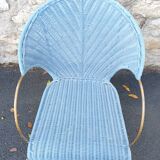 Fauteuil en rotin, couleur bleue, structure en métal, 1970