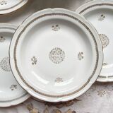 6 Vintage French porcelain soup plates with golden rosette pattern