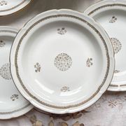 6 Assiettes creuses porcelaine vintage Française motif rosace dorées