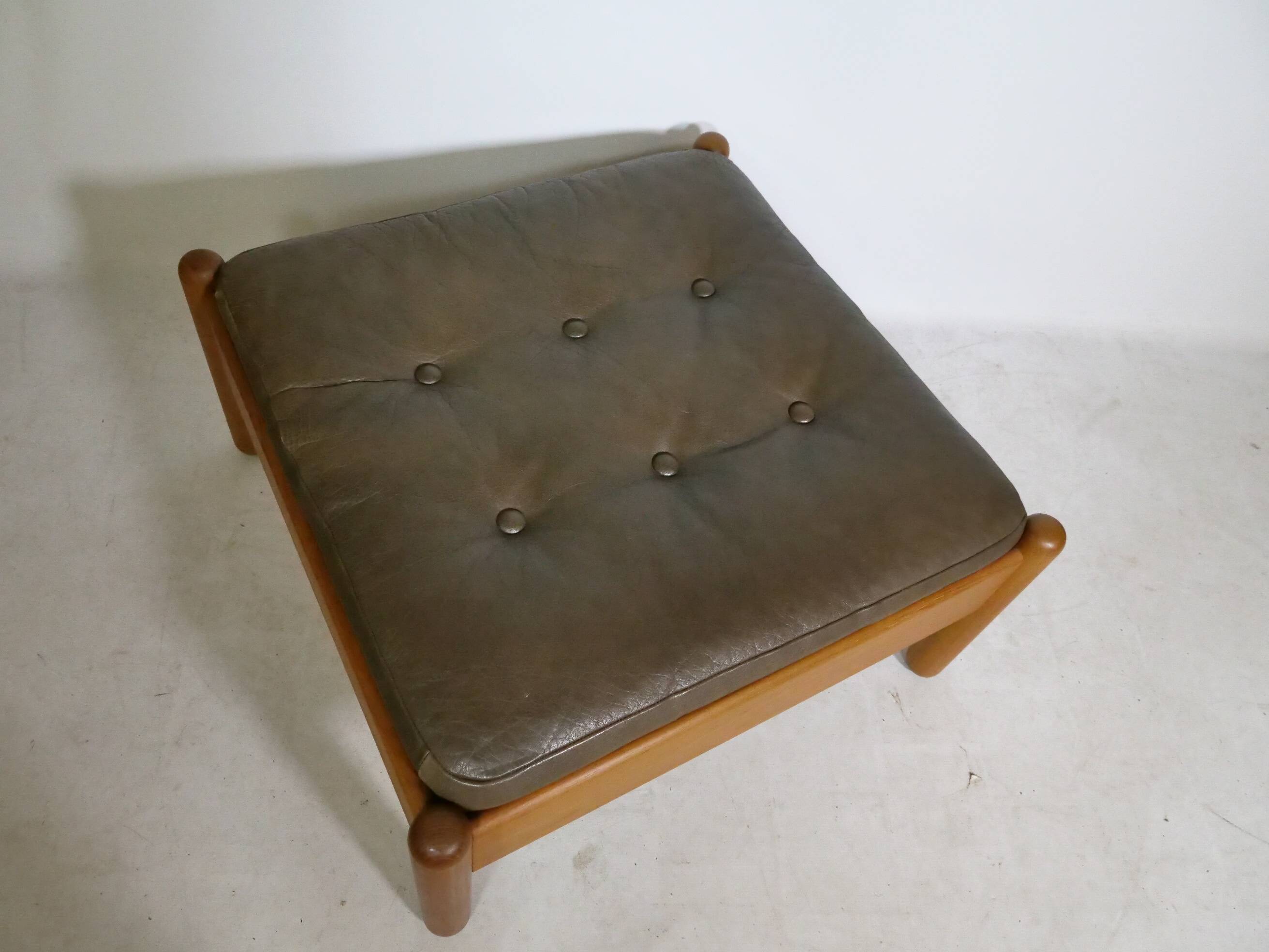 Mid-Century Danish Teak Footstool with Leather Cushion, 1970s
