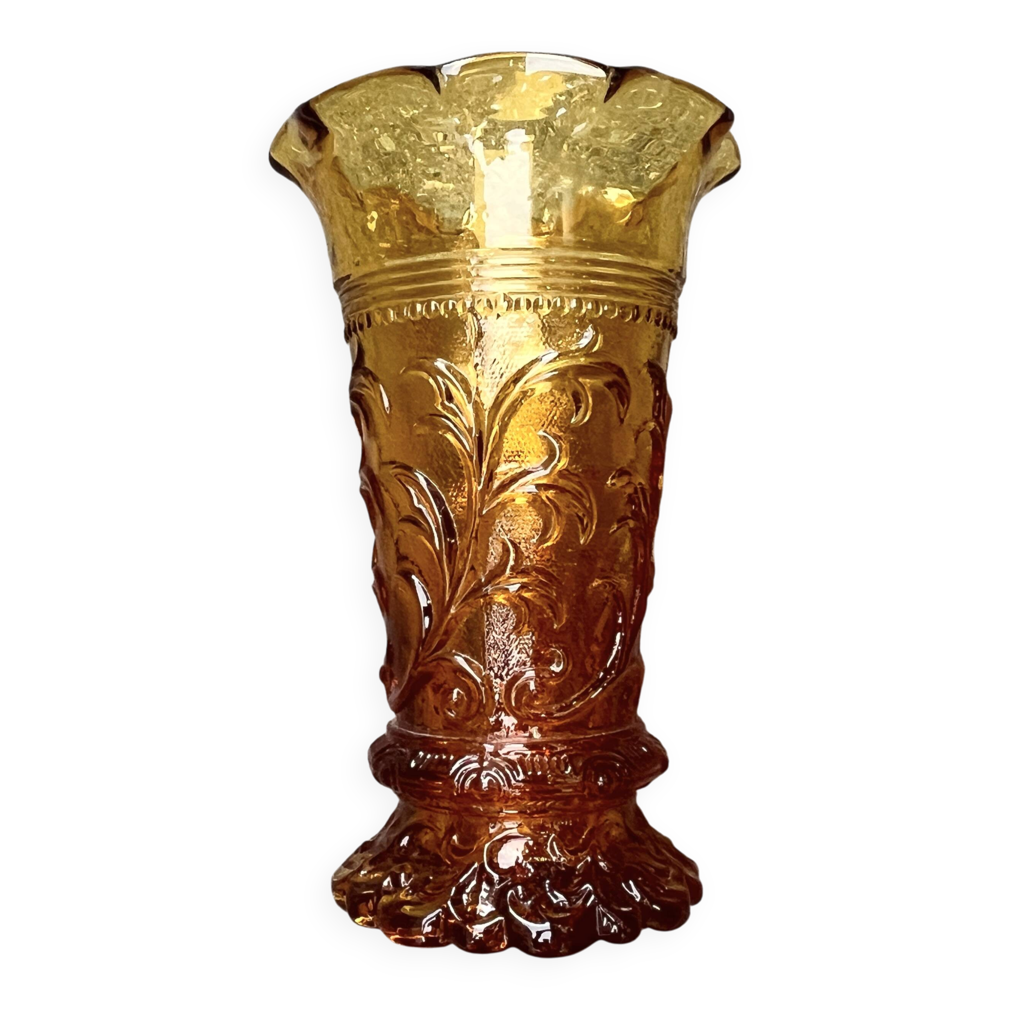 Art Deco Iridescent Amber Glass Vase with Floral Motif - Amber Yellow Glass Vase