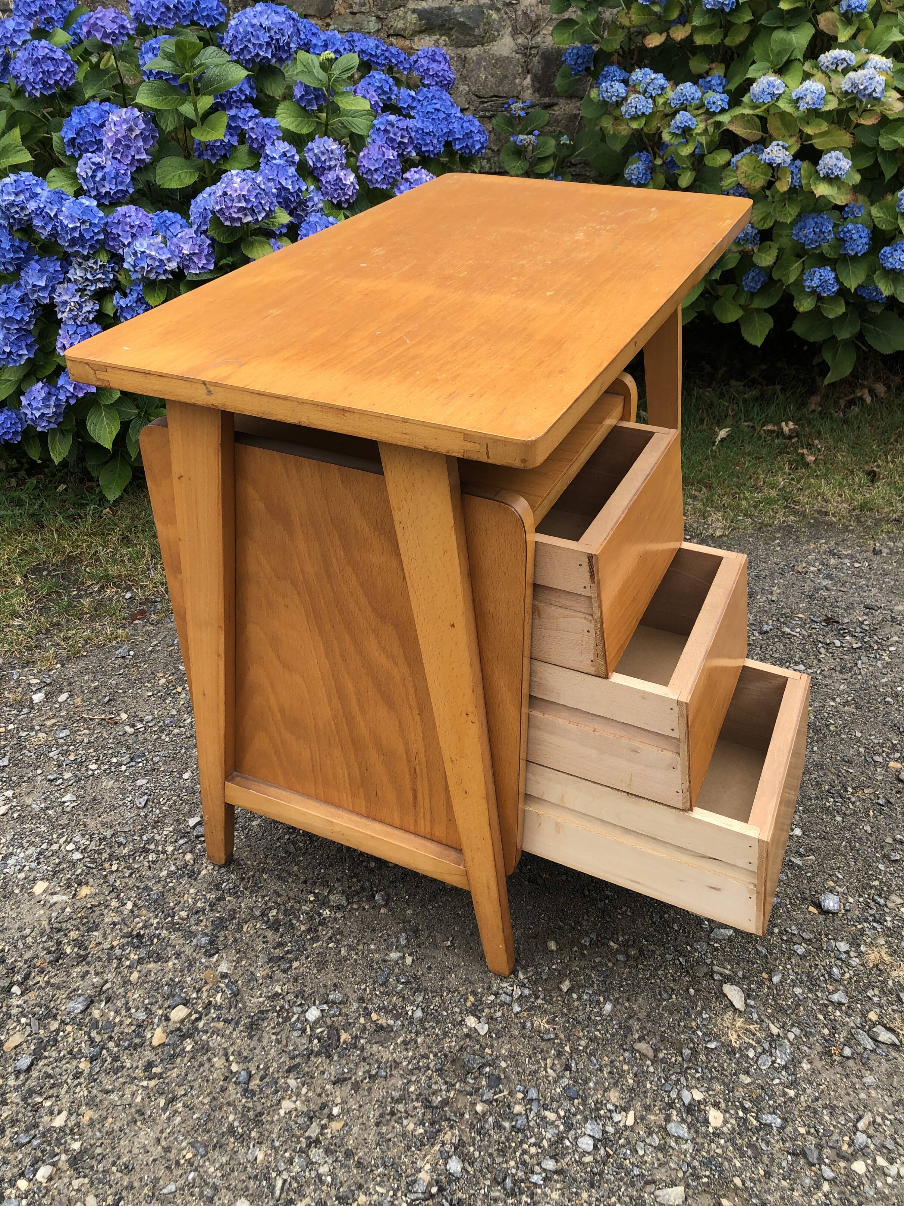 Vintage desk with beech compass legs with 3 drawers.