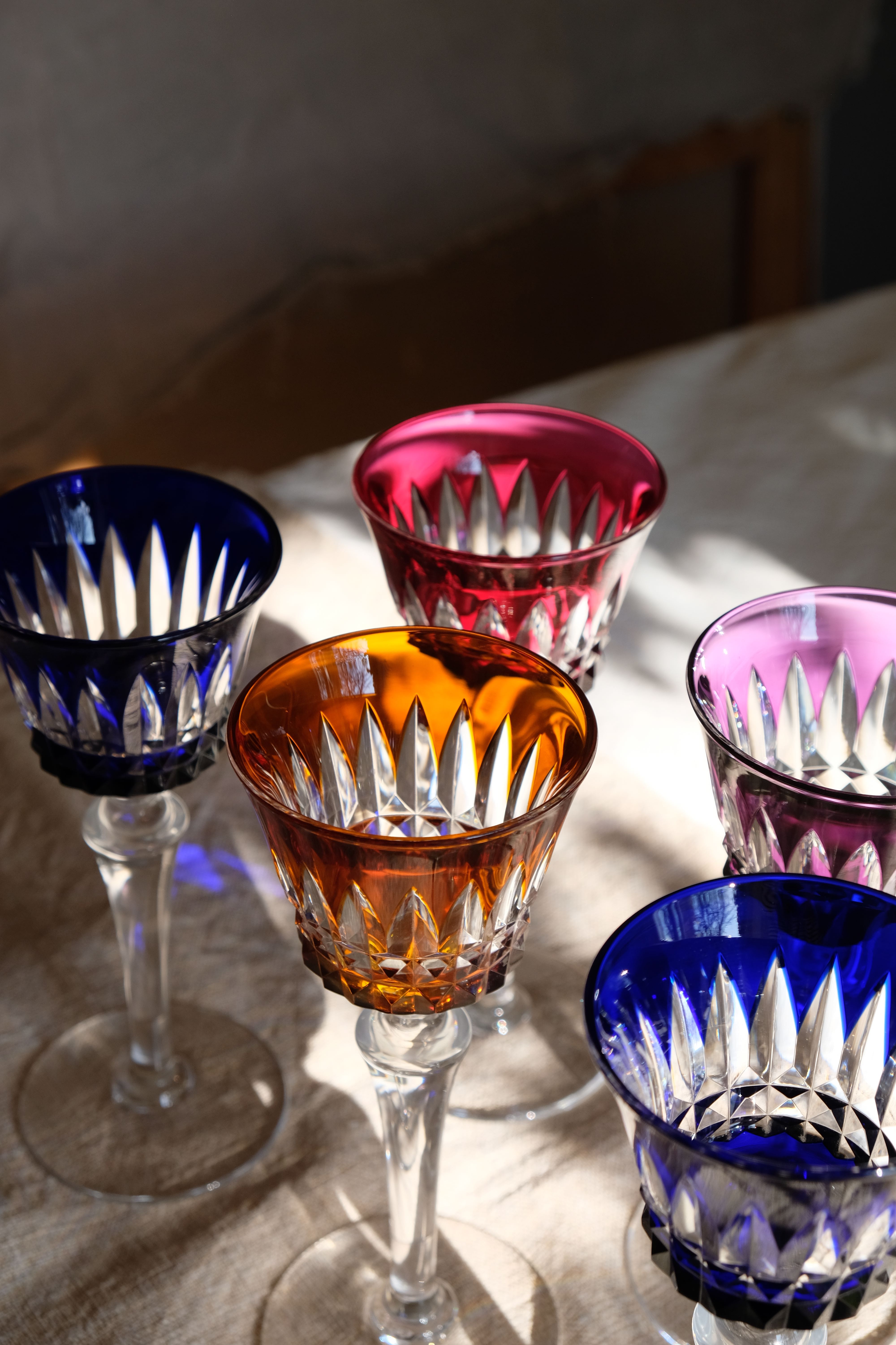 6 Baccarat glasses Piccadilly Model in colored crystal