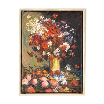 Bouquet de fleurs du milieu du siècle, huile sur toile, 33 x 43 cm