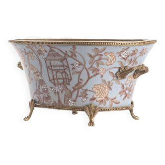 Coupe ovale paon porcelaine et bronze