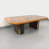Vintage Brutalist Stone and Oak Coffee Table from the 70s 80s