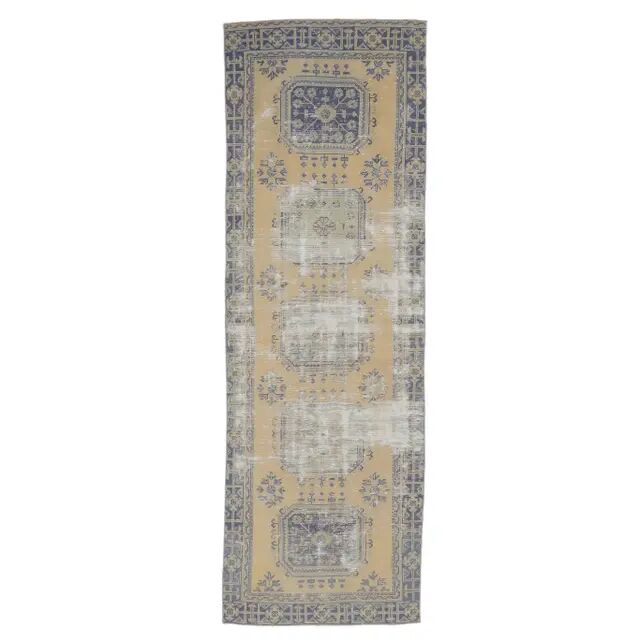 1970s Turkish Hand-Knotted Yellow Wool Runner Rug 111x341