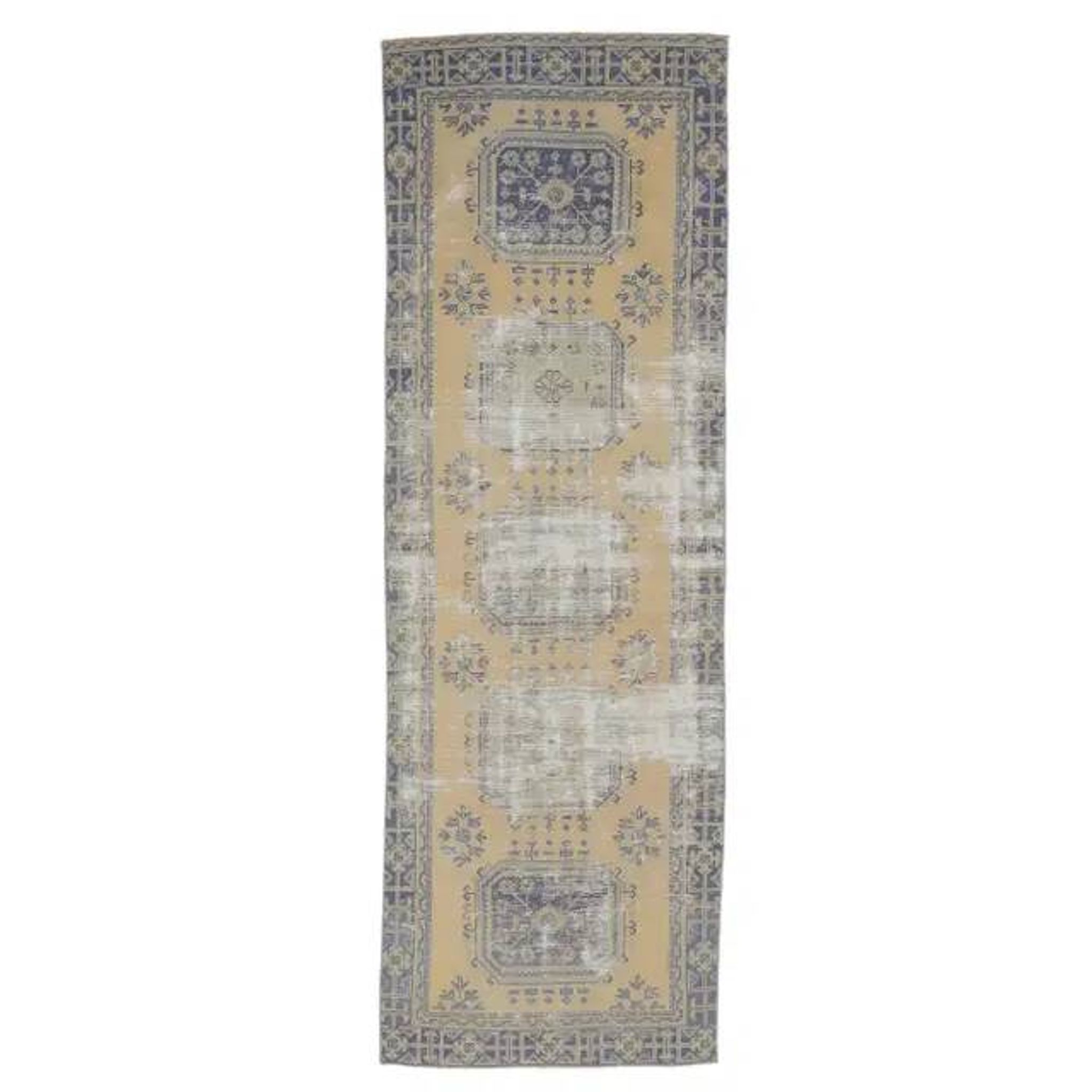 1970s Turkish Hand-Knotted Yellow Wool Runner Rug 111x341