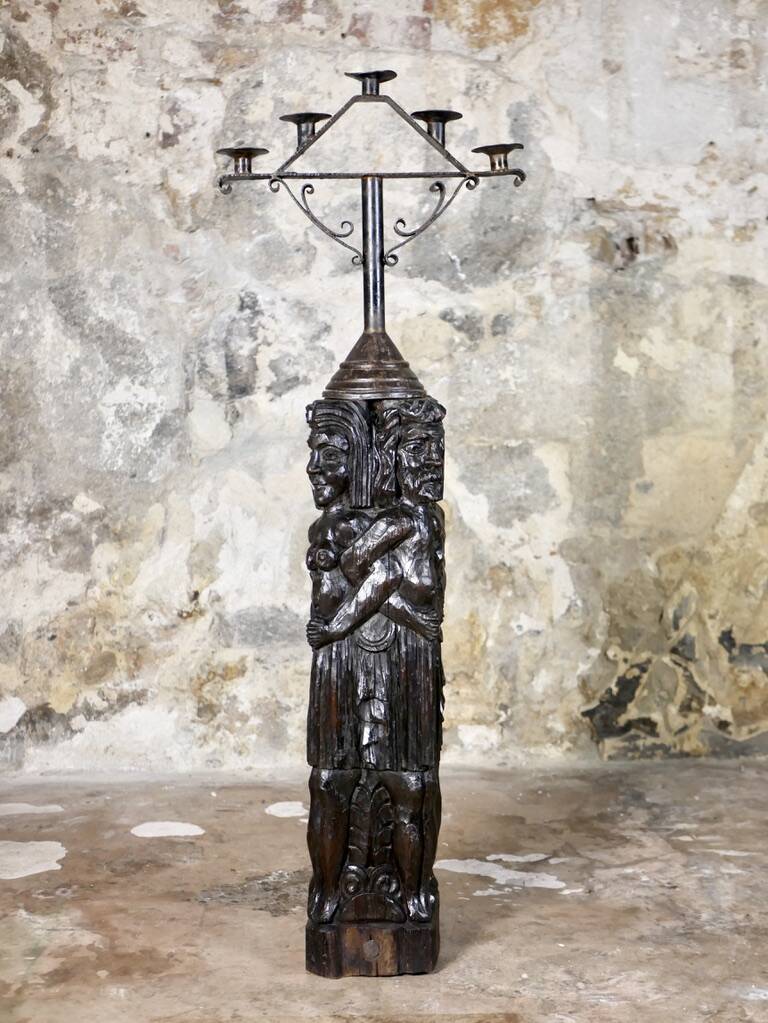 Adam and Eve wooden pedestal, religious art