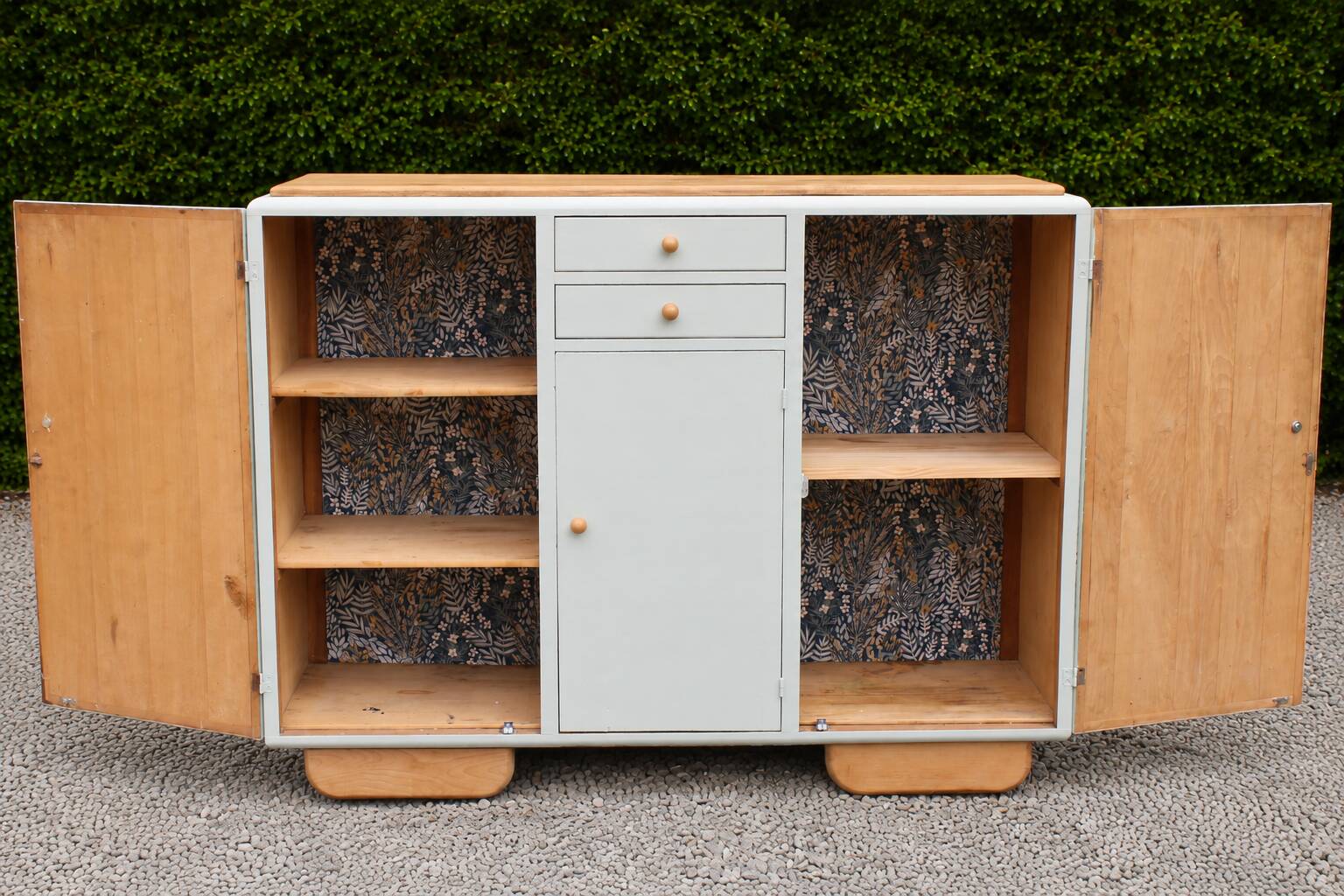 Renovated vintage buffet in Mado style – Celadon Libéron and natural wood – 13