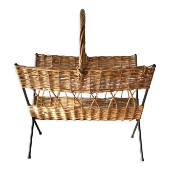 Magazine holder in rattan iron / wicker and black iron 60s-70s