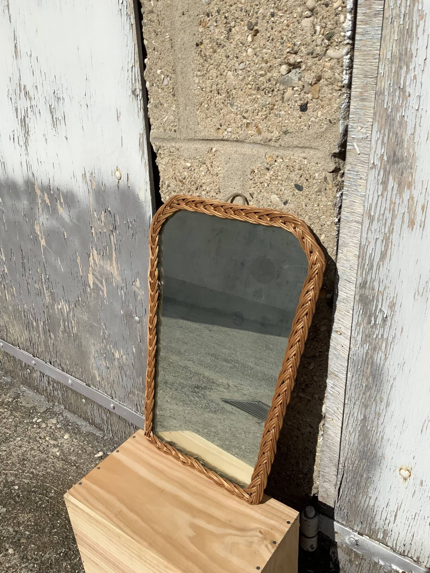 Antique mirror in rattan and wood shape mirror vintage braided wicker
