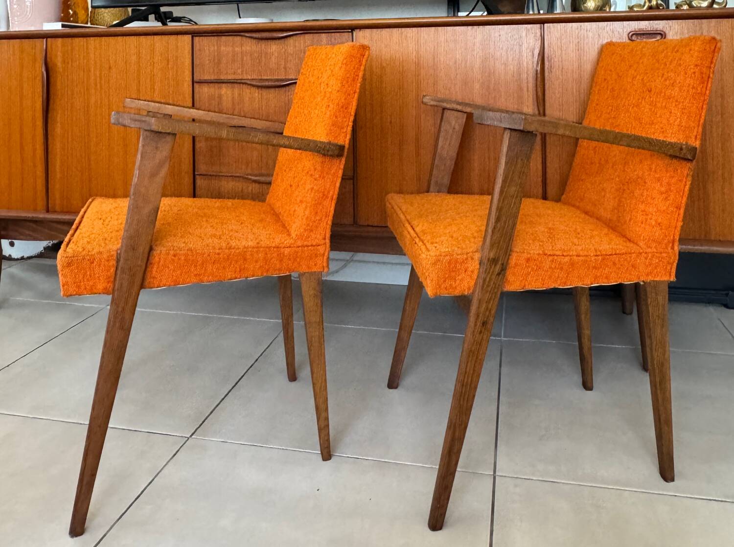 Pair of vintage 60s armchairs in wood and orange bouclé fabric