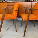 Pair of vintage 60s armchairs in wood and orange bouclé fabric