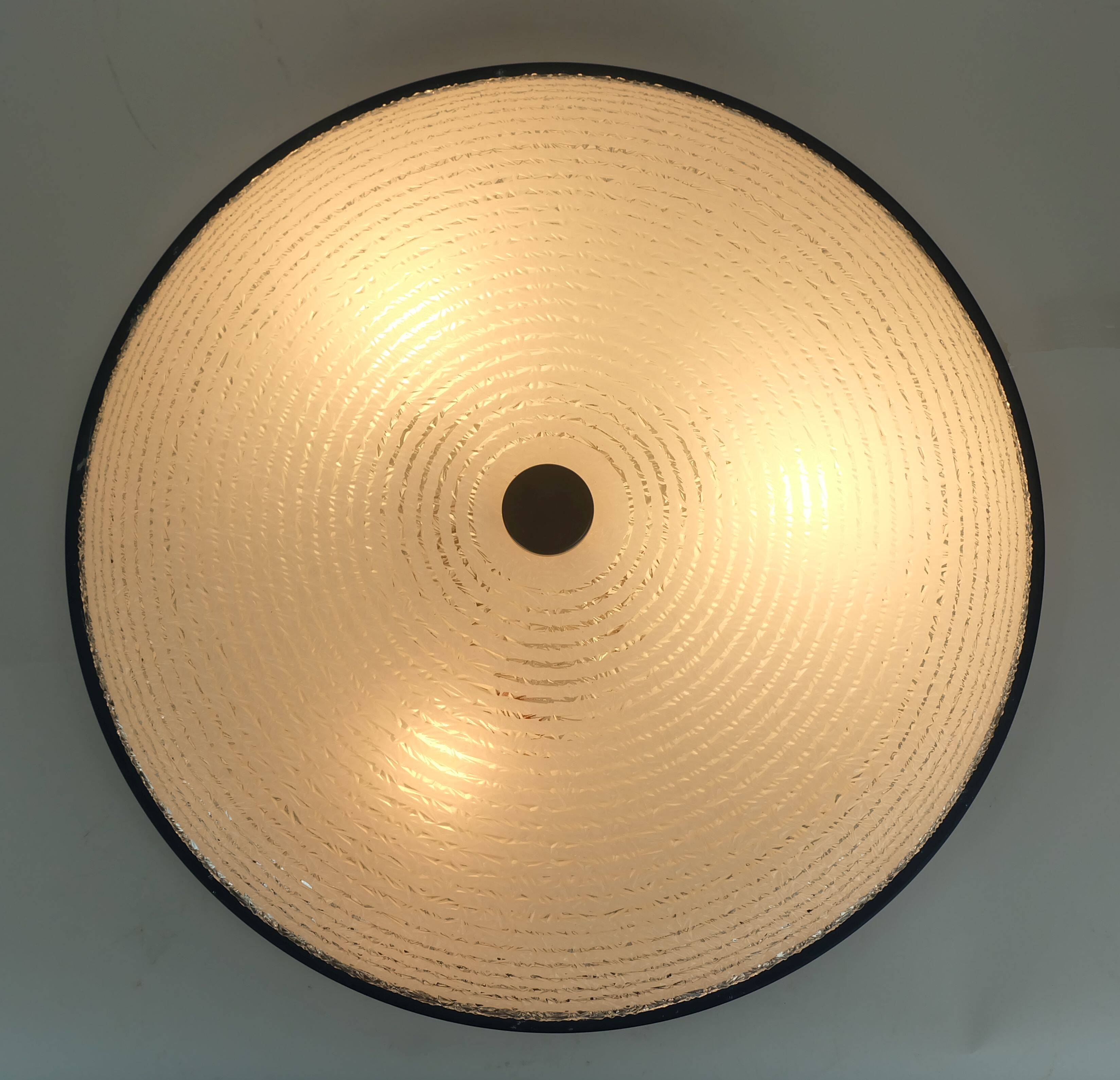 Rare large ceiling light by hillebrand 1960s textured glass blue metal fram