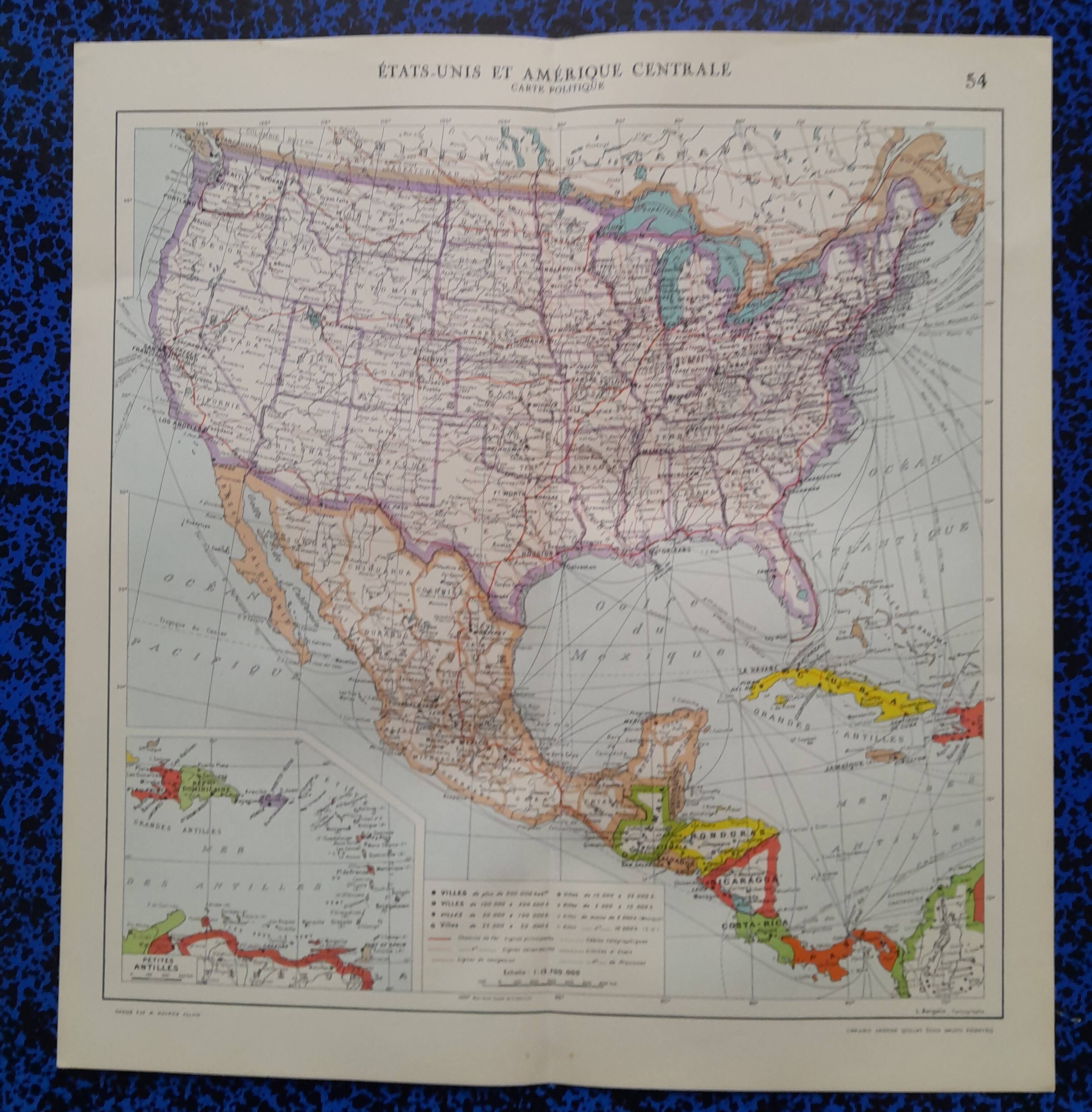 A geographical map from Atlas Quillet 1925 map: United States and Central America physical