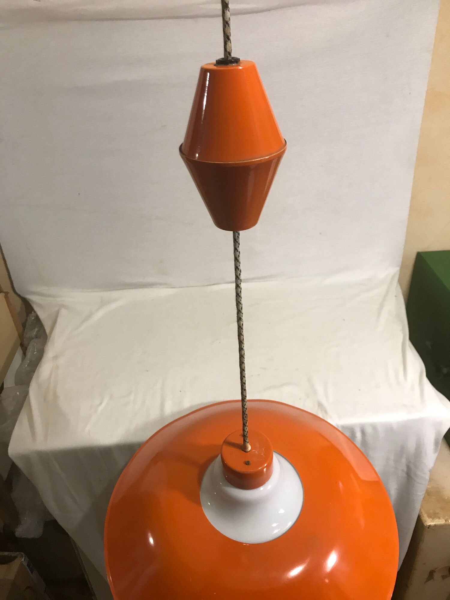 Hanging lamp old glass opal white, support & globe metal orange 70s vintage