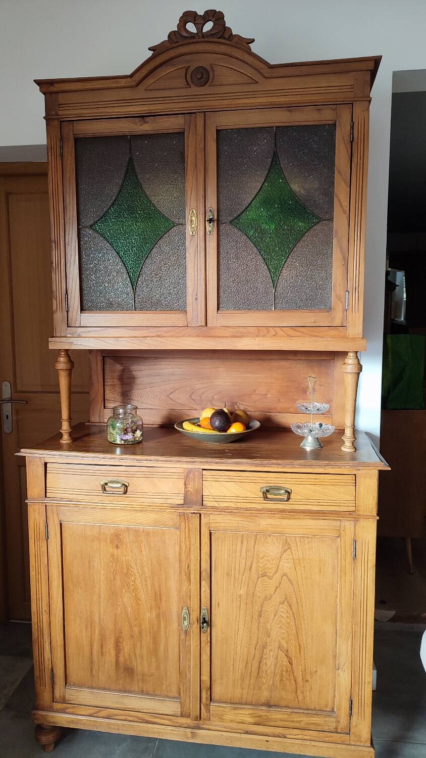 2-part wooden and stained-glass sideboard