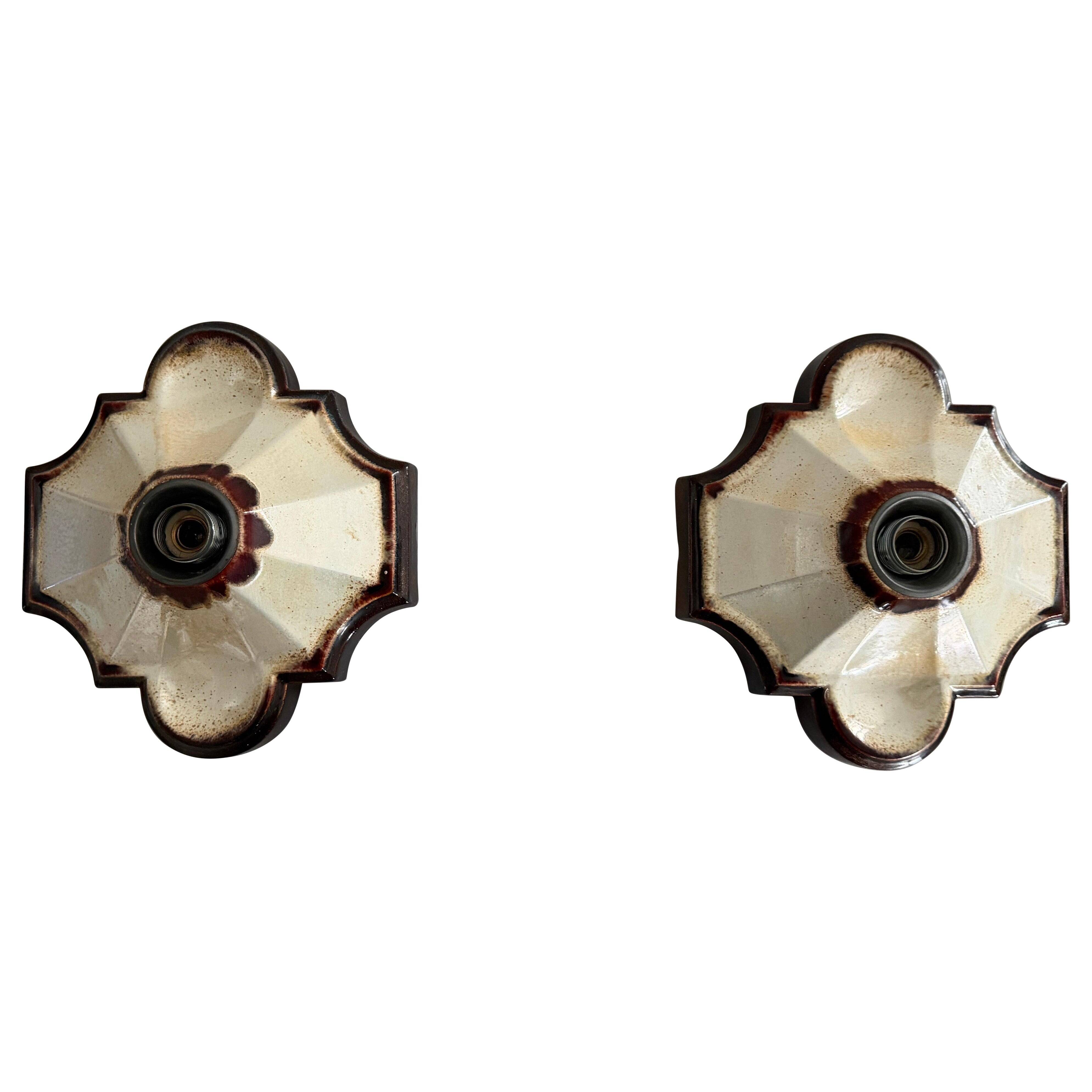Pair of brown and cream ceramic wall lights by PAN Leuchten, 1970 Germany
