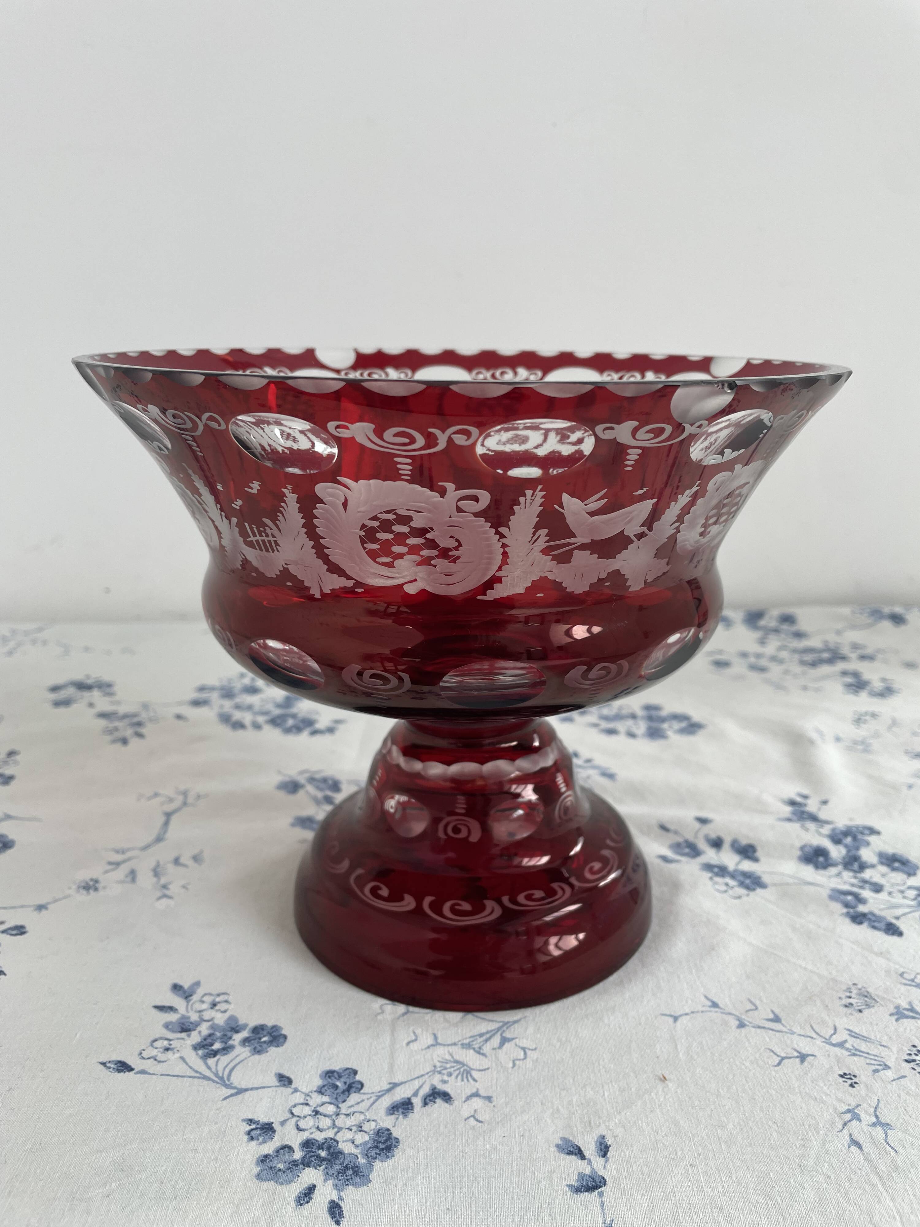 Large red and white overlay glass bowl, Bohemian 20th century