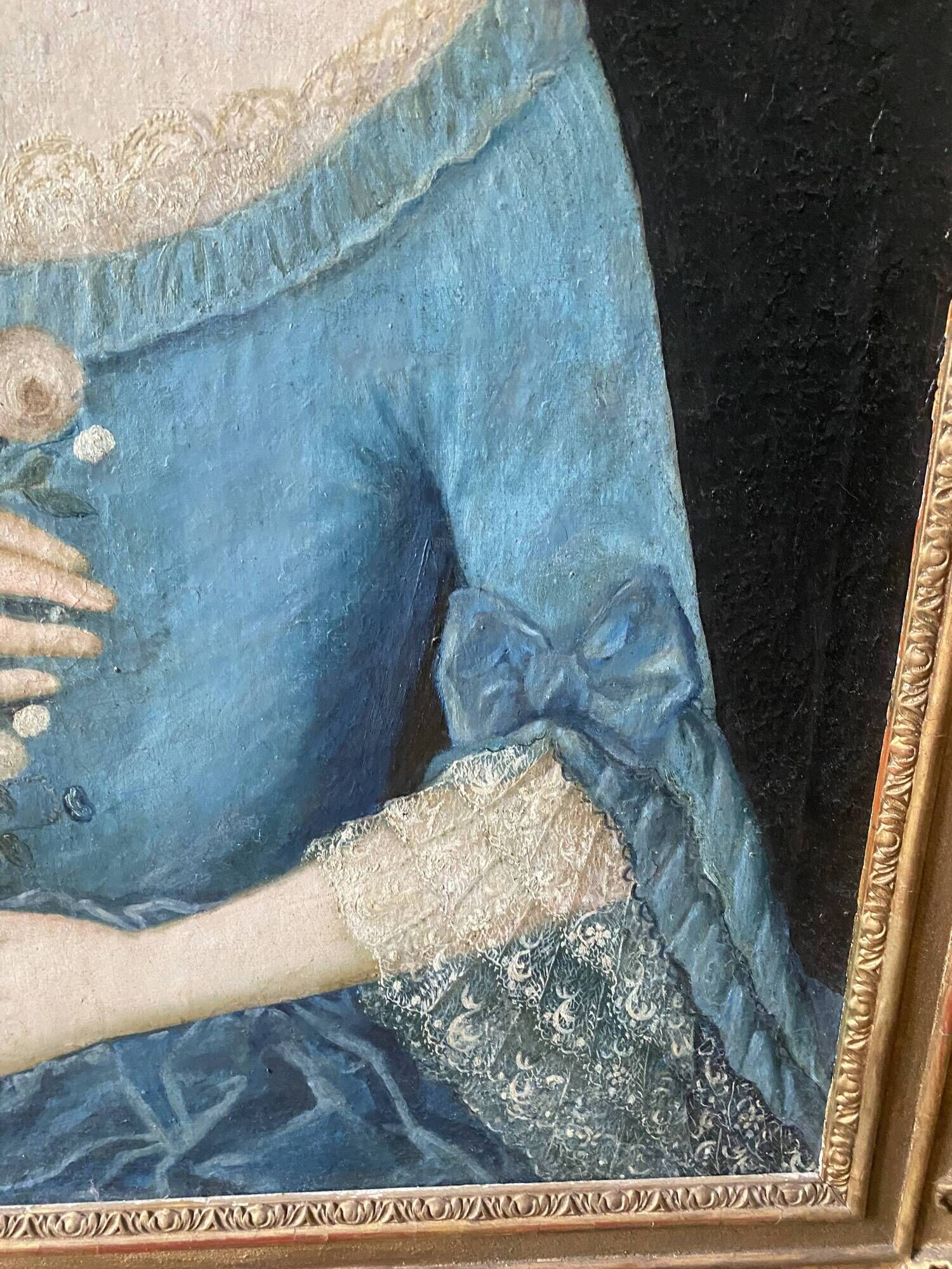 Louis XV table oil on canvas frame with gold leaf.