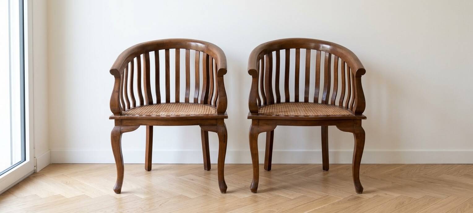 Pair of antique wooden and caned armchairs