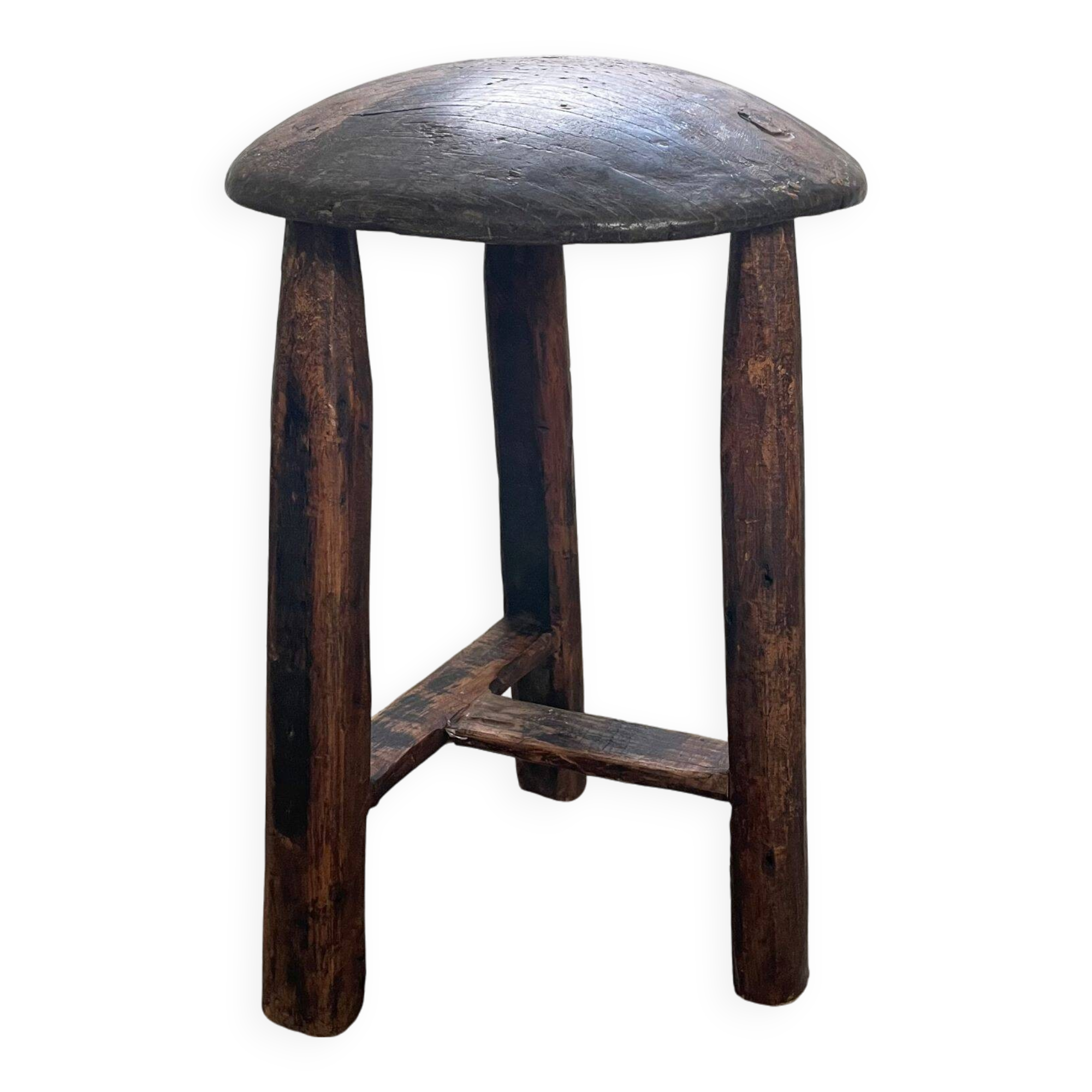 Antique tripod wooden stool, brutalist, wabi sabi style