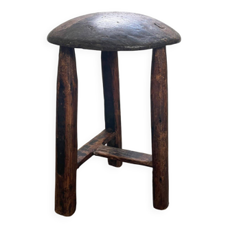 Antique tripod wooden stool, brutalist, wabi sabi style