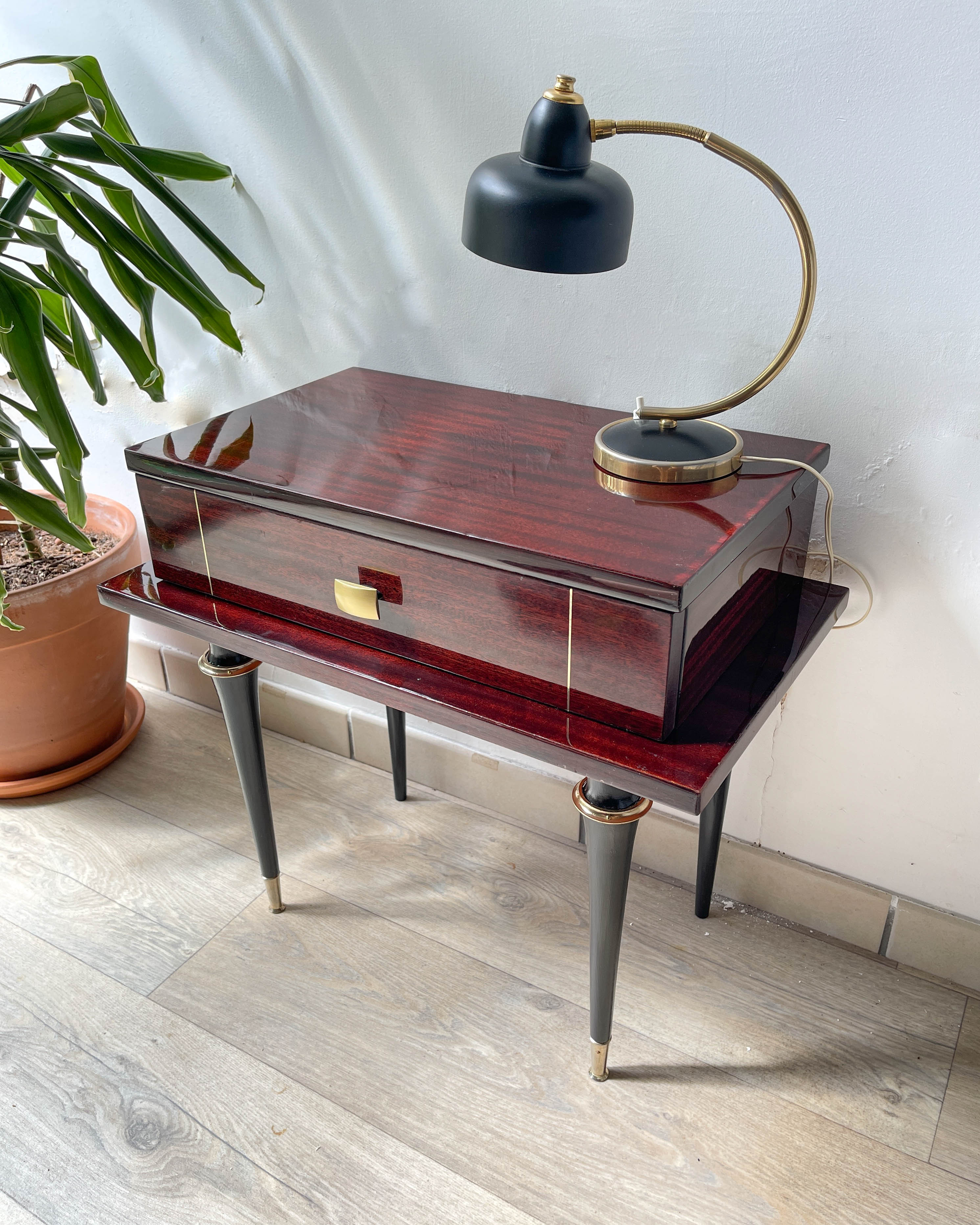 Vintage wood and brass bedside table Art Deco style