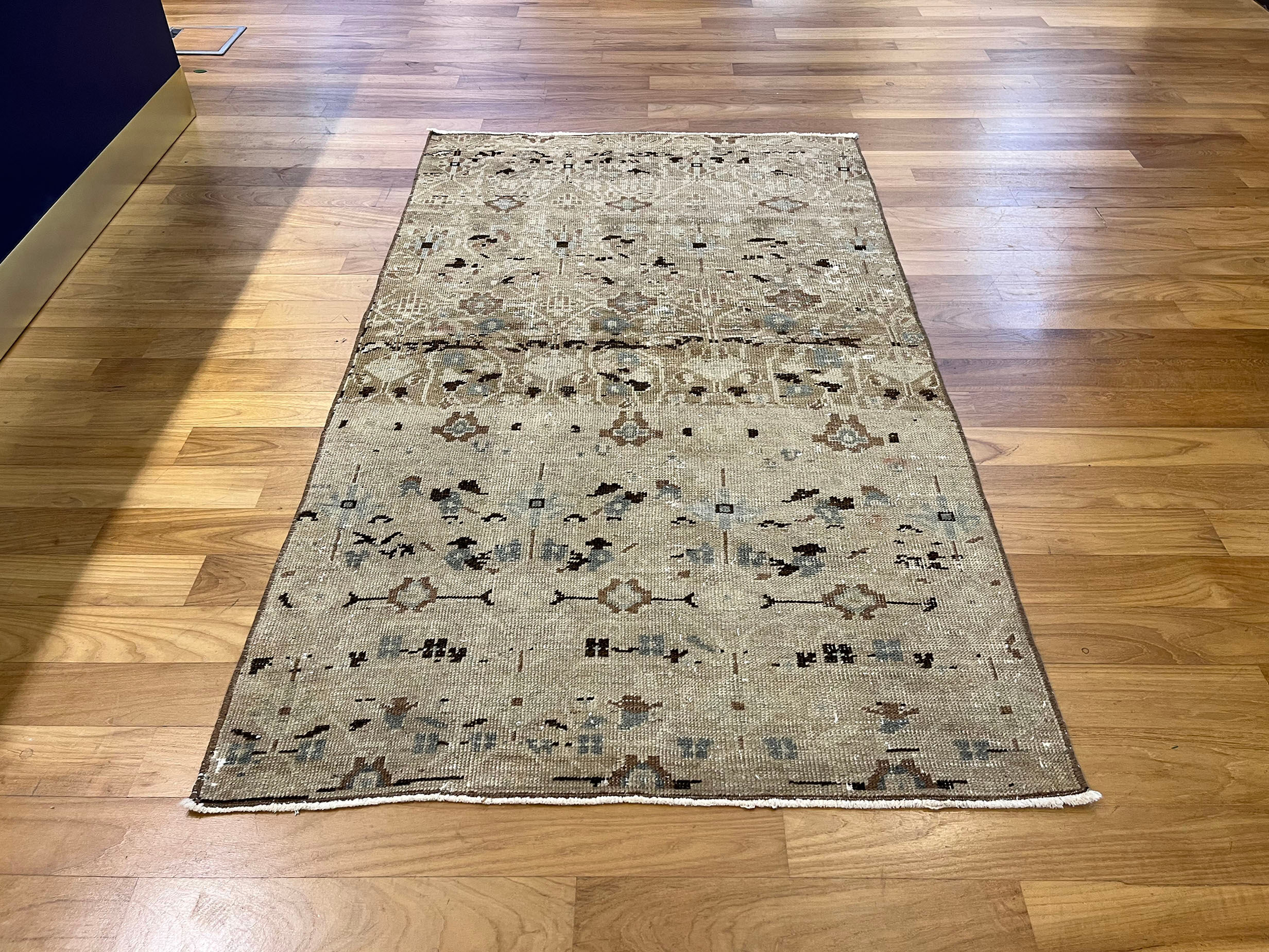 Unique aztec design muted handmade old rug