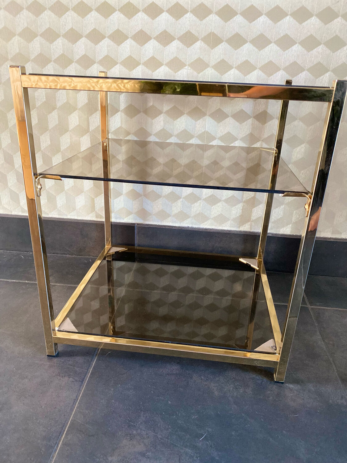 End of sofa 3 trays in smoked glass and brass-frame 70 year