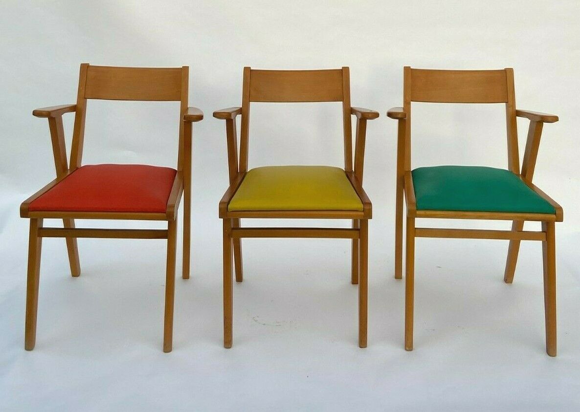 3 french design chairs chene light red yellow green 1960
