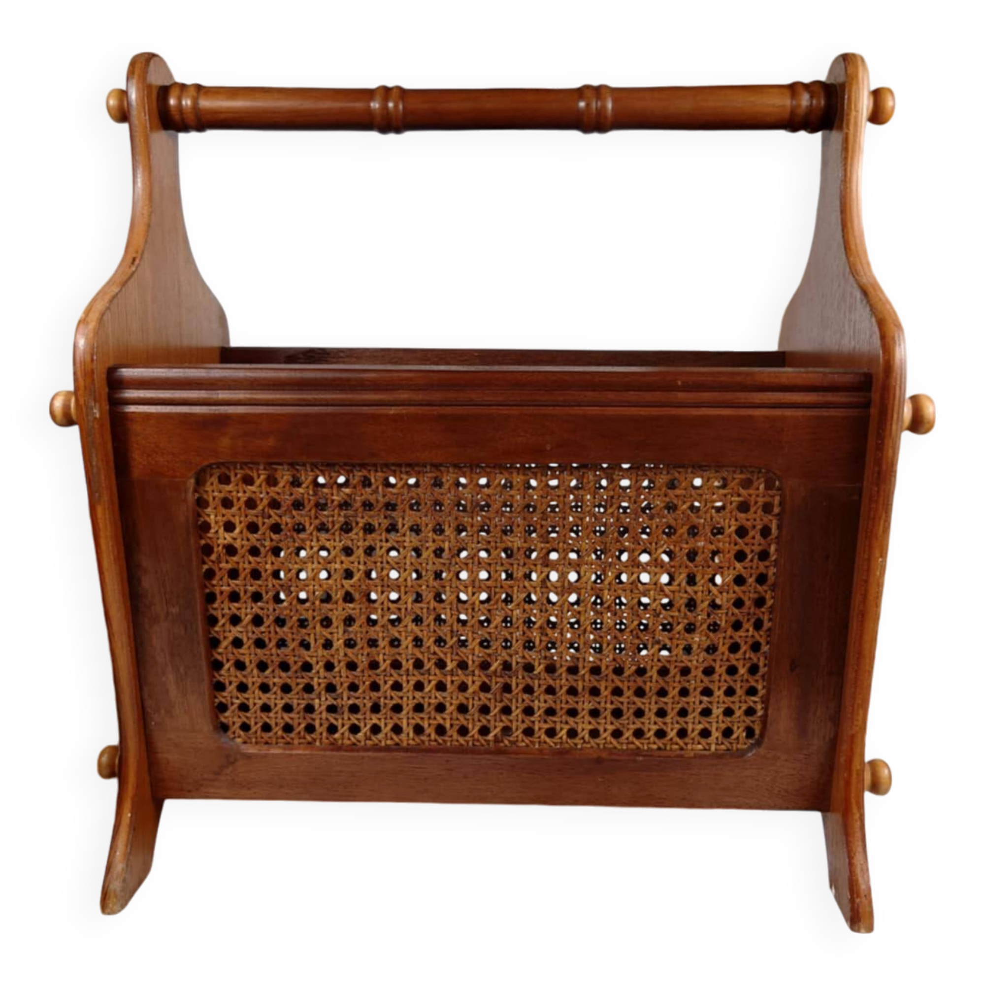 Antique wooden and cane magazine rack