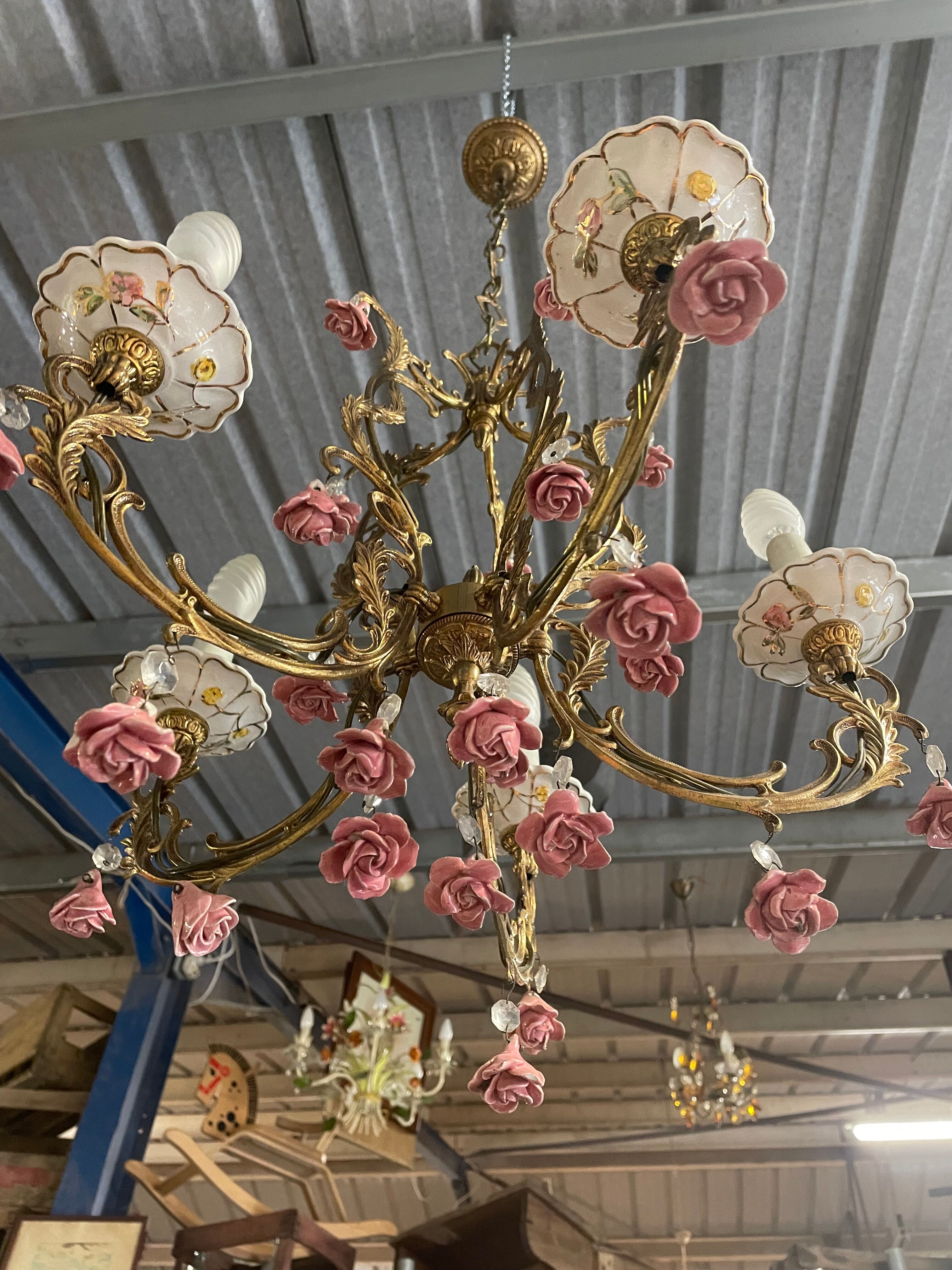 Lustre bronze et porcelaine 5 feux