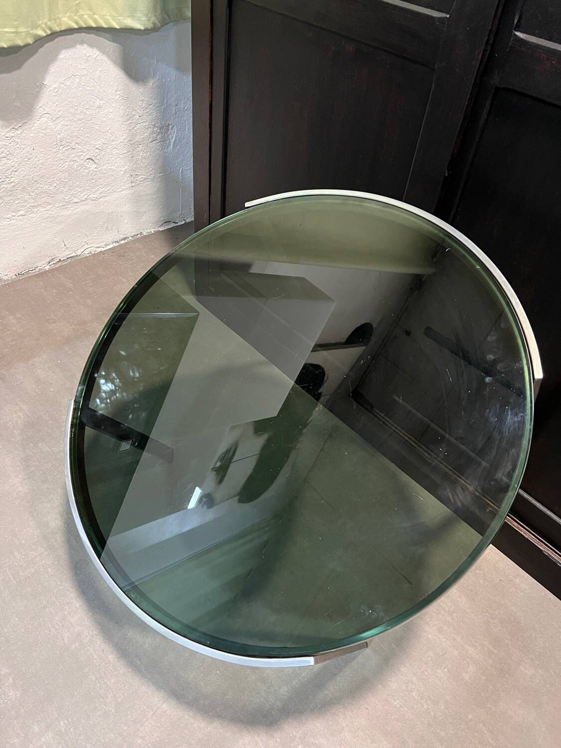 70s design round coffee table, metal and smoked glass