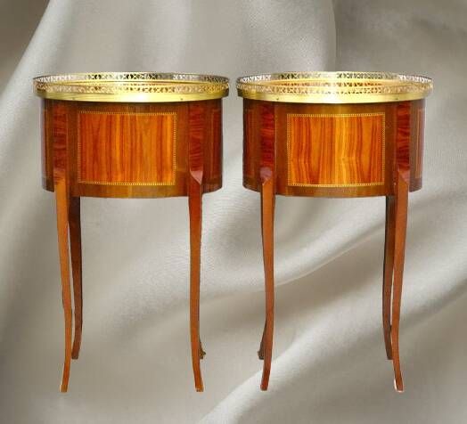 Pair of Bedside Tables / Salon in Marquetry Transition Style Louis XV/Louis XVI