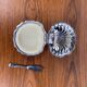 Shell butter dish with vintage knife, silver metal and white insert