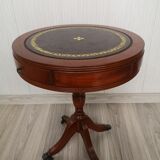 Mid - Century cupboard table with drawers and leather top.