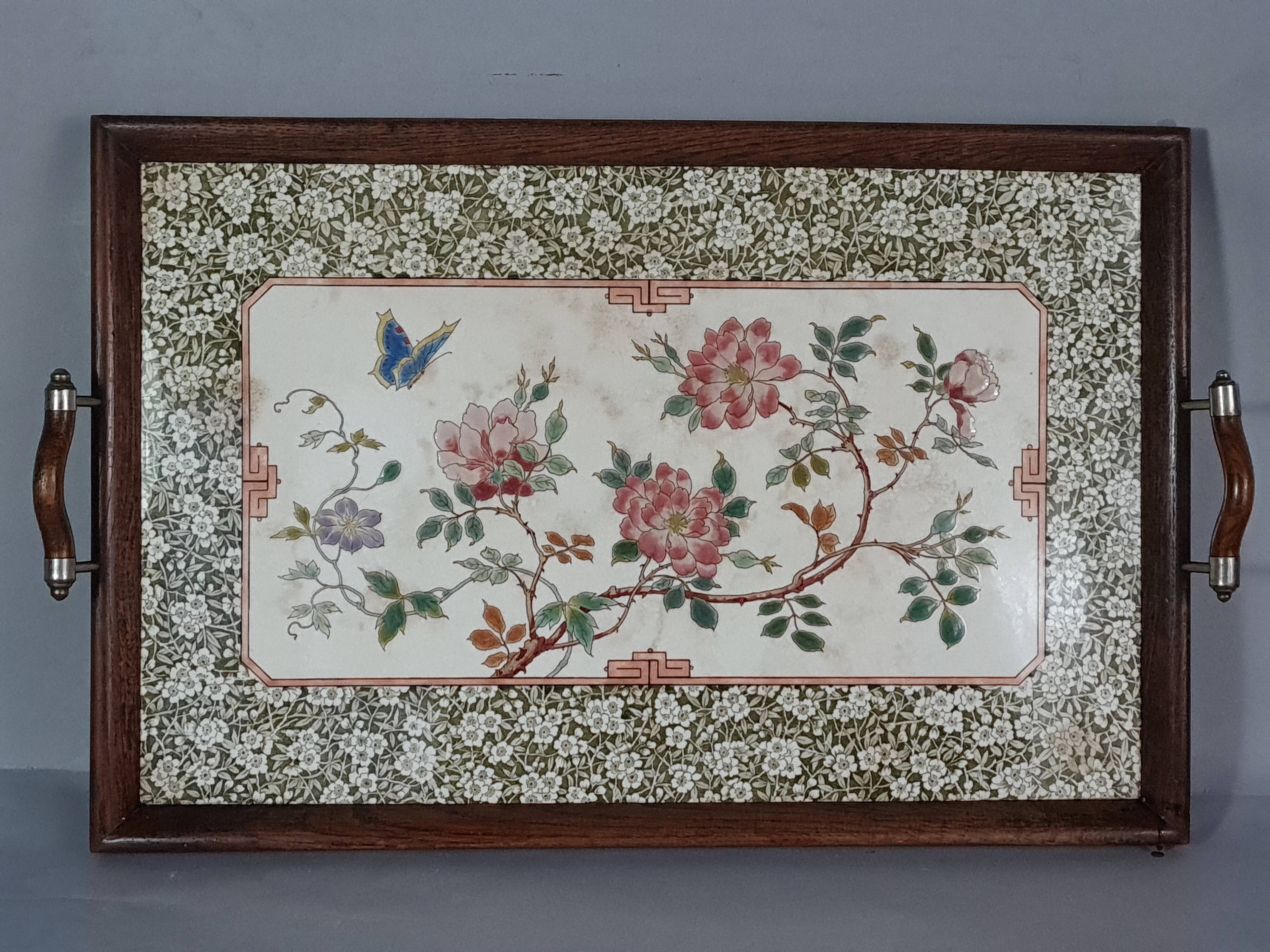 Ancien plateau de service faïence émaillée floral  & bois 1900 57x35 cm C99