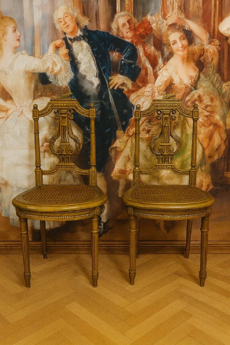 Paire de chaises de musiciens en bois sculpté et doré de style Louis XVI